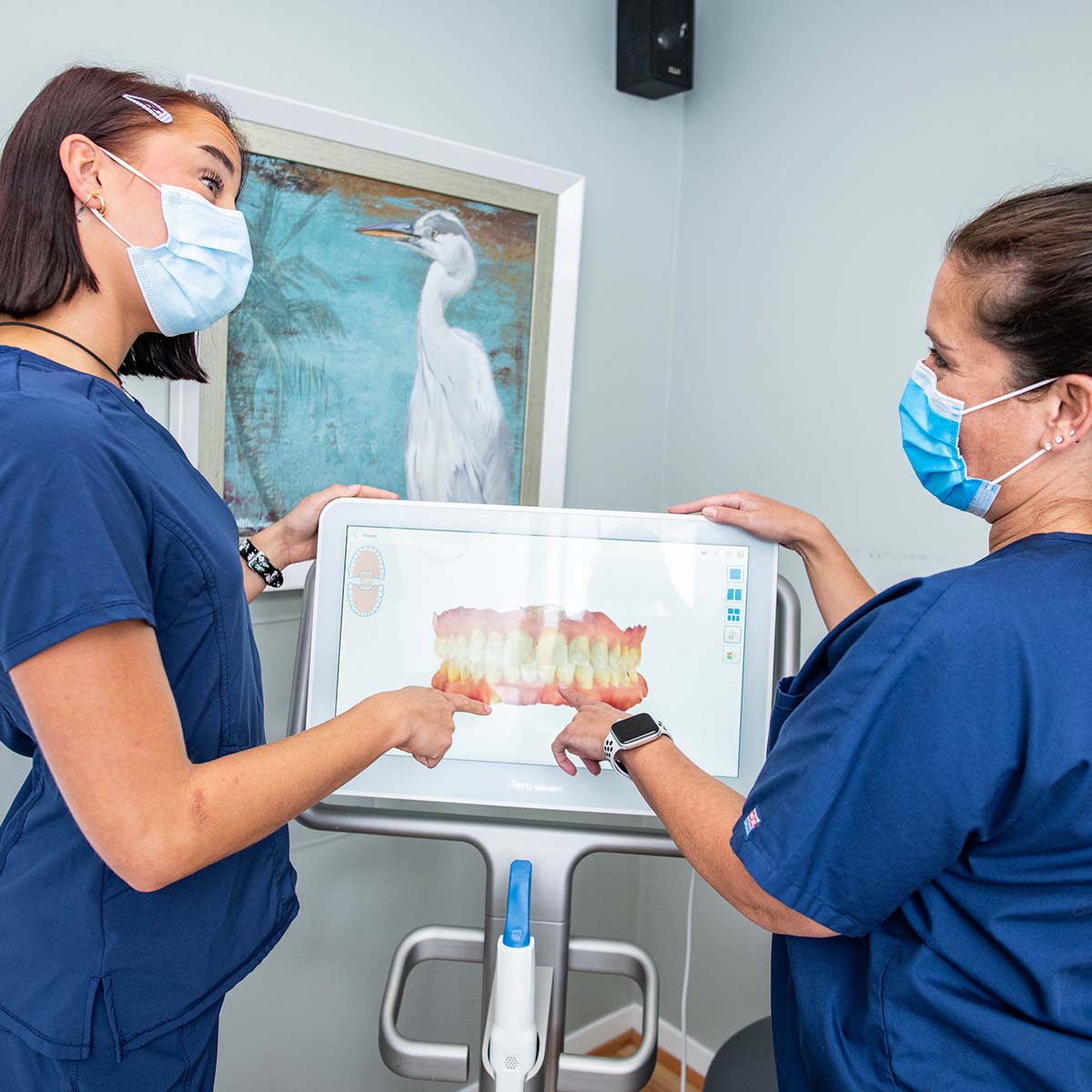 Periodontal dentists examining a 3d scan of teeth